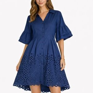 Exquise Navy Blue Eyelet Embroidered Shirt Dress Pleated Waist Midi Womens L